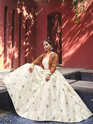 Enchanting Beige Sequinced Chiffon Wedding Lehenga Choli with Jacket